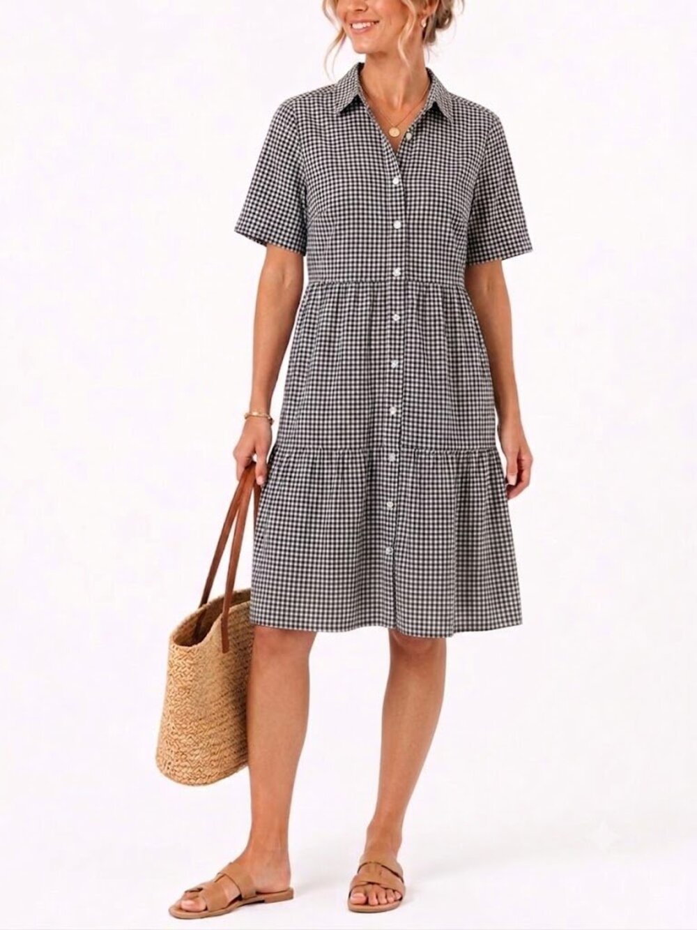 GAP Gingham Tiered Button Front Shirt Dress Navy White Size M